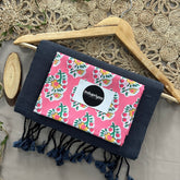 Dark Grey Handloom Cotton Saree With Flower Print Blouse